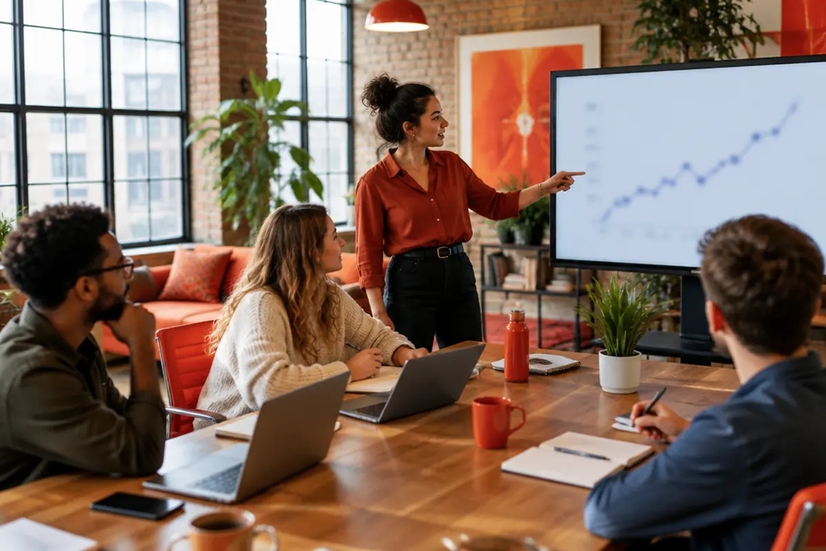 Marketing team reviewing an upward-trending organic traffic graph in a meeting